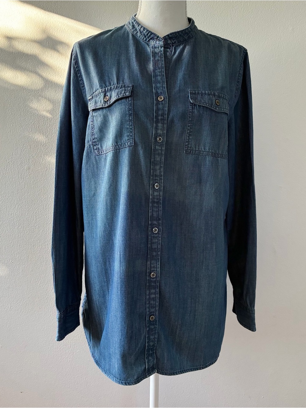 Talbots Indigo Denim Band-Collar Button-Down Shirt